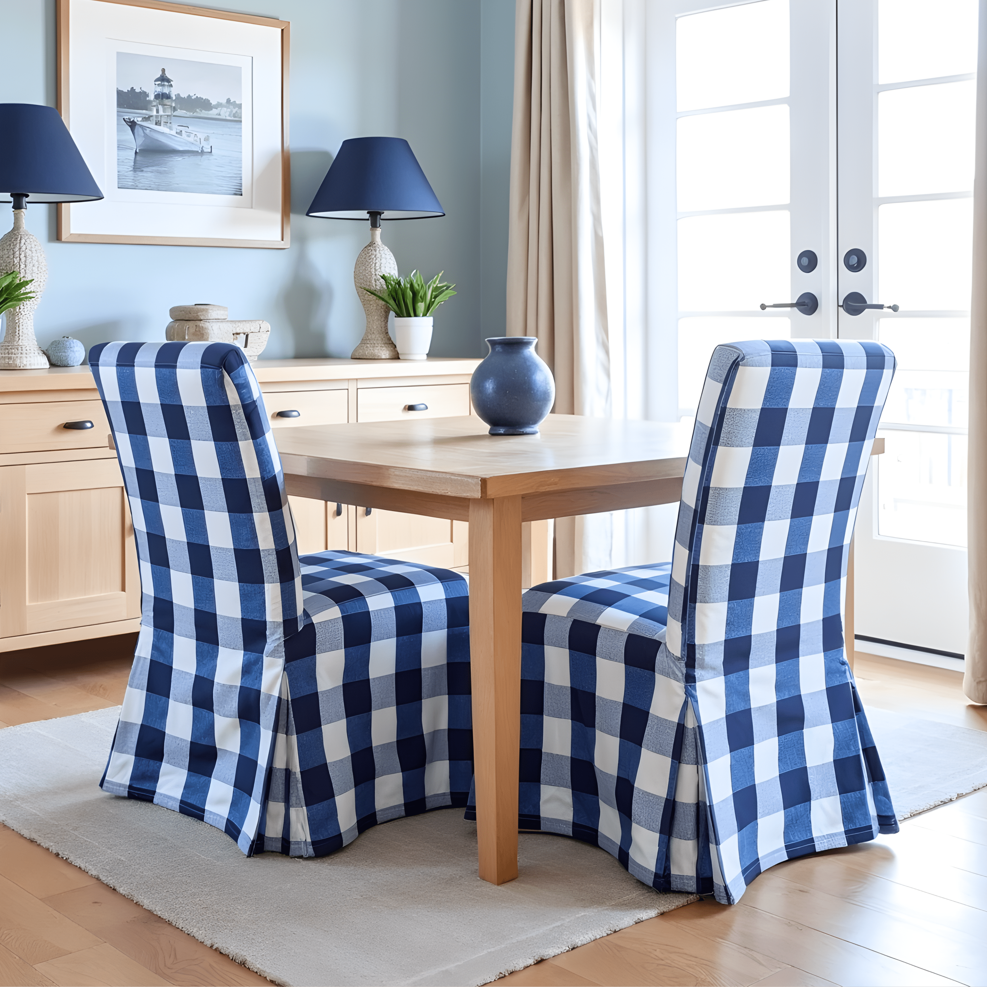 Rockin Cushions IKEA Henriksdal Dining Buffalo Check Navy Blue Floor Length Dining Chair Cover, Compatible with IKEA Henriksdal